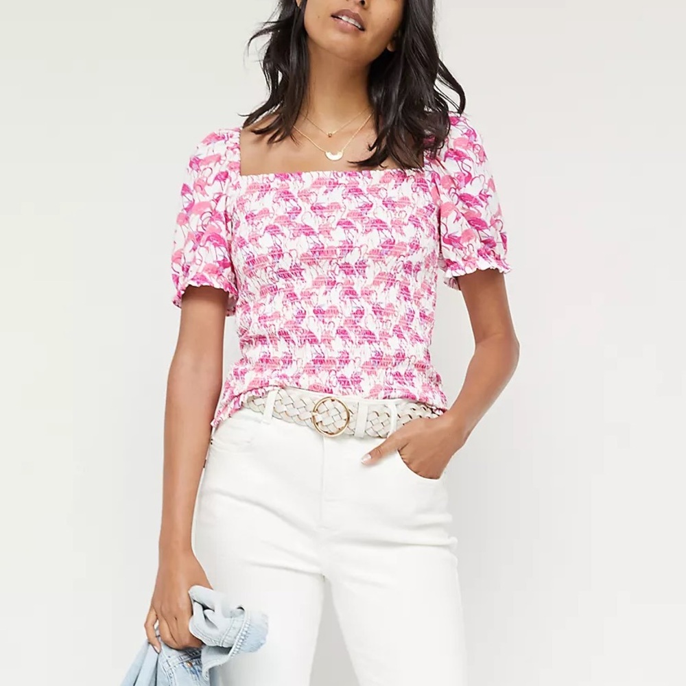 Women’s Anthropologie Dolan Flamingo Print Smocked Puff-Sleeved Top Size S